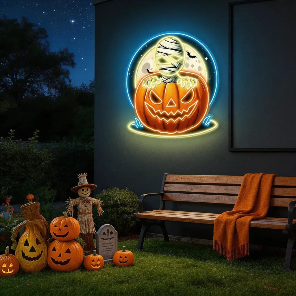 🎃 Spooky Pumpkin & Mummy Halloween LED Neon Sign – Glow Up Your Haunted Nights!
