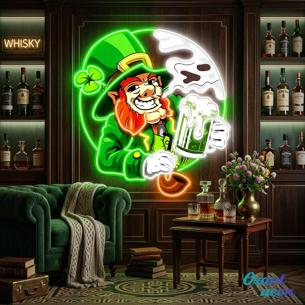 Patrick's Day Goblin Drinking Beer And Smoking Led Neon Acrylic Artwork