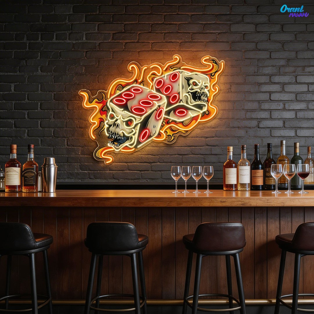 Deadly Dices: Skull On Fire Neon Sign Light Artwork