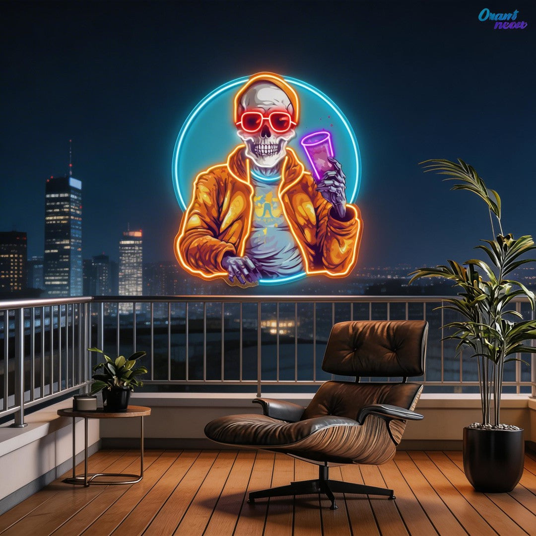 Drunken Skull Holding Beer Cup Neon Sign Light Artwork