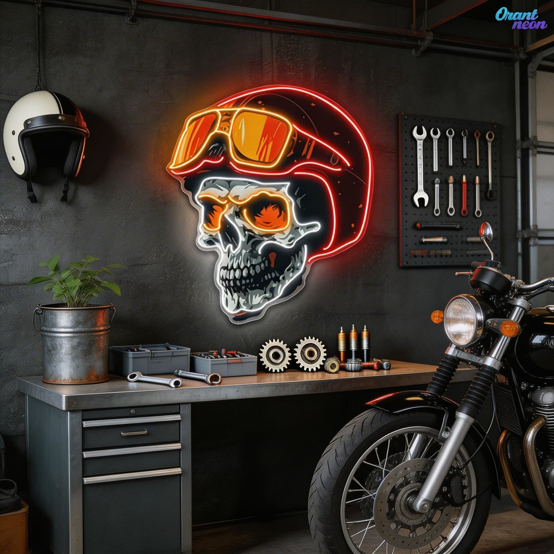 Radiant Revenant: Skull and Helmet Neon Sign Light Artwork