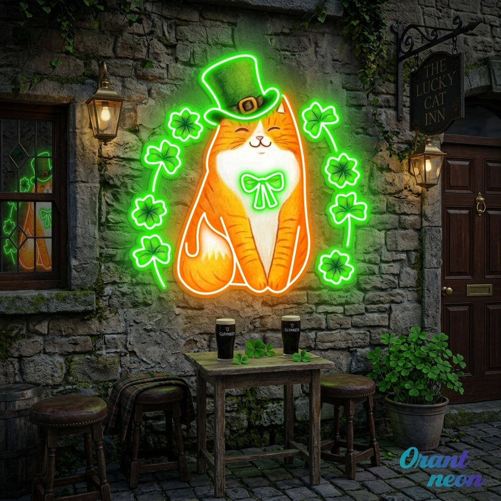 Patrick's Day Cute Cat with Lucky Four Leaf Clover Led Neon Acrylic Artwork