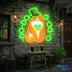 Patrick's Day Cute Cat with Lucky Four Leaf Clover Led Neon Acrylic Artwork