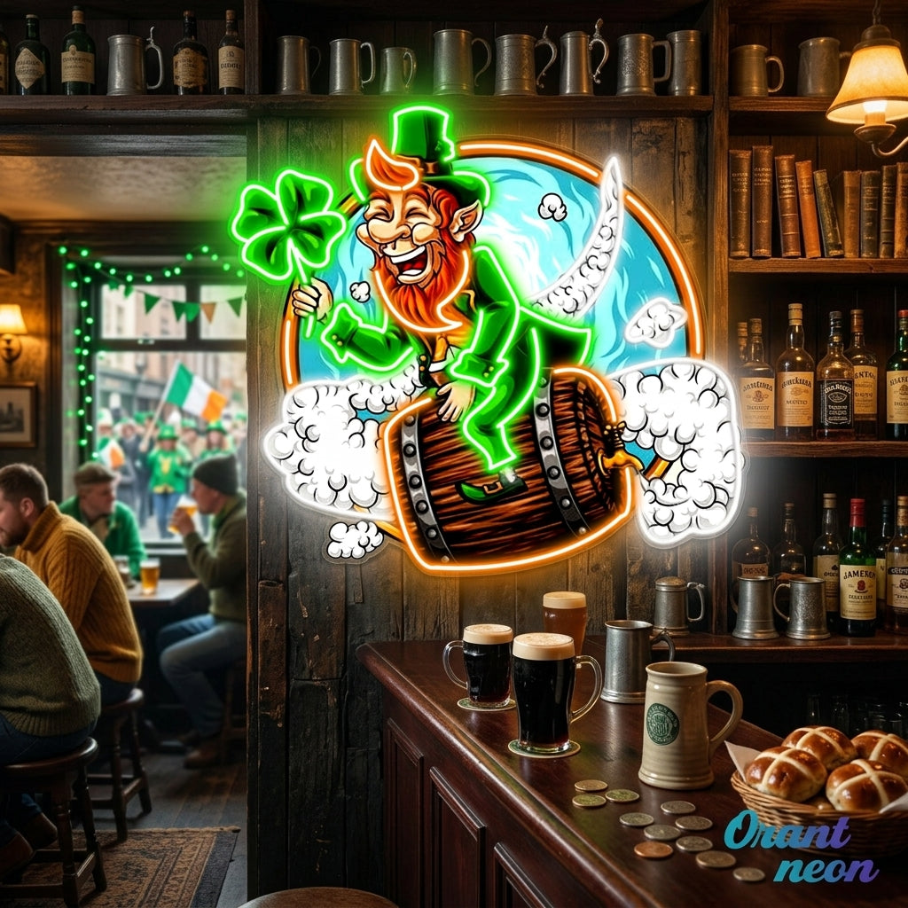 Patrick's Day Goblin Flying On A Wine Valley Holding A Four Leaf Clover Led Neon Acrylic Artwork