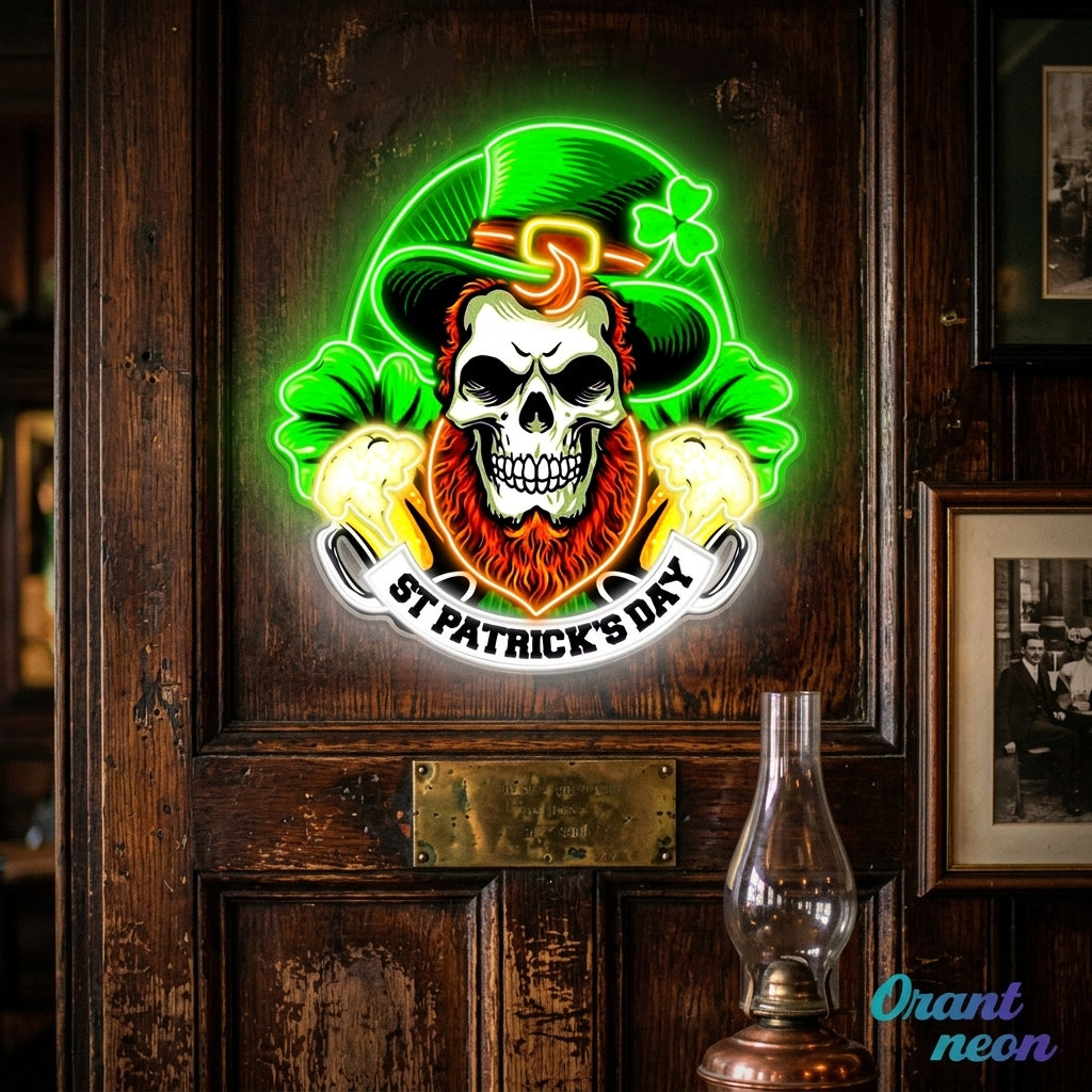 Patrick's Day Skull Wearing Hat And Beer Led Neon Acrylic Artwork
