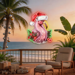 Santa's Tropical Helpers: Flamingos in Hats Neon Light Artwork