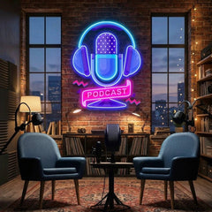 Custom Podcast LED Neon Sign artwork with Microphone and Headphones