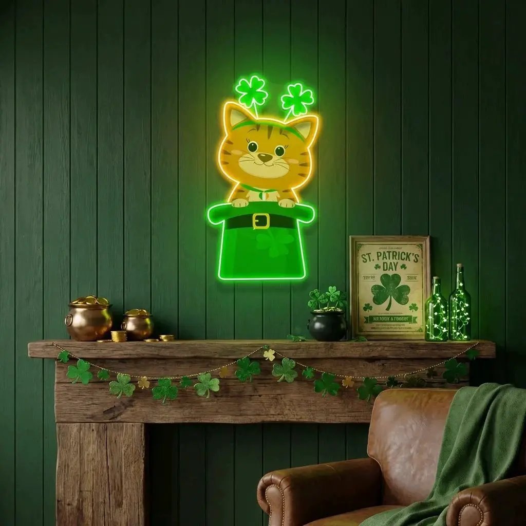 Cat Lucky Saint Patrick's Day Artwork Led Neon Sign Light