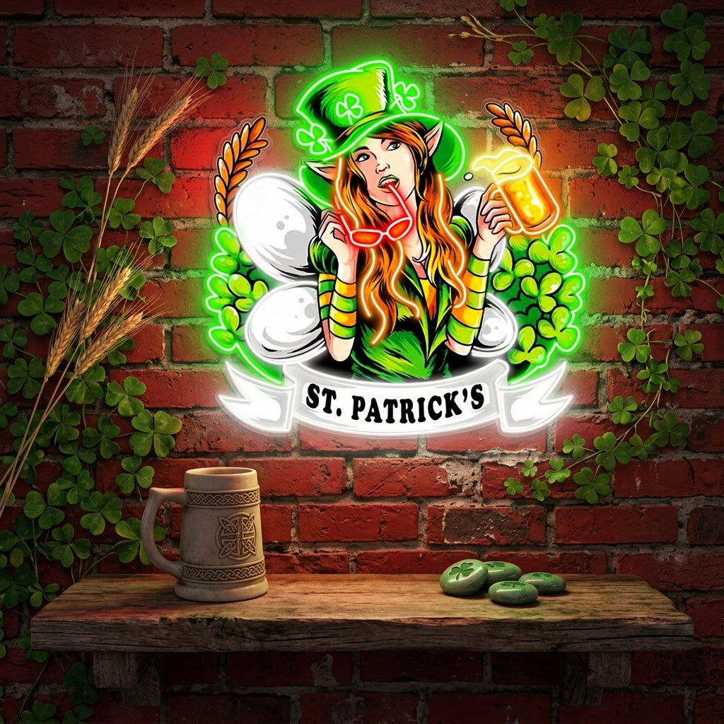 Patrick's Day Hot Woman Wearing Glass And Drinking Beer Led Neon Acrylic Artwork