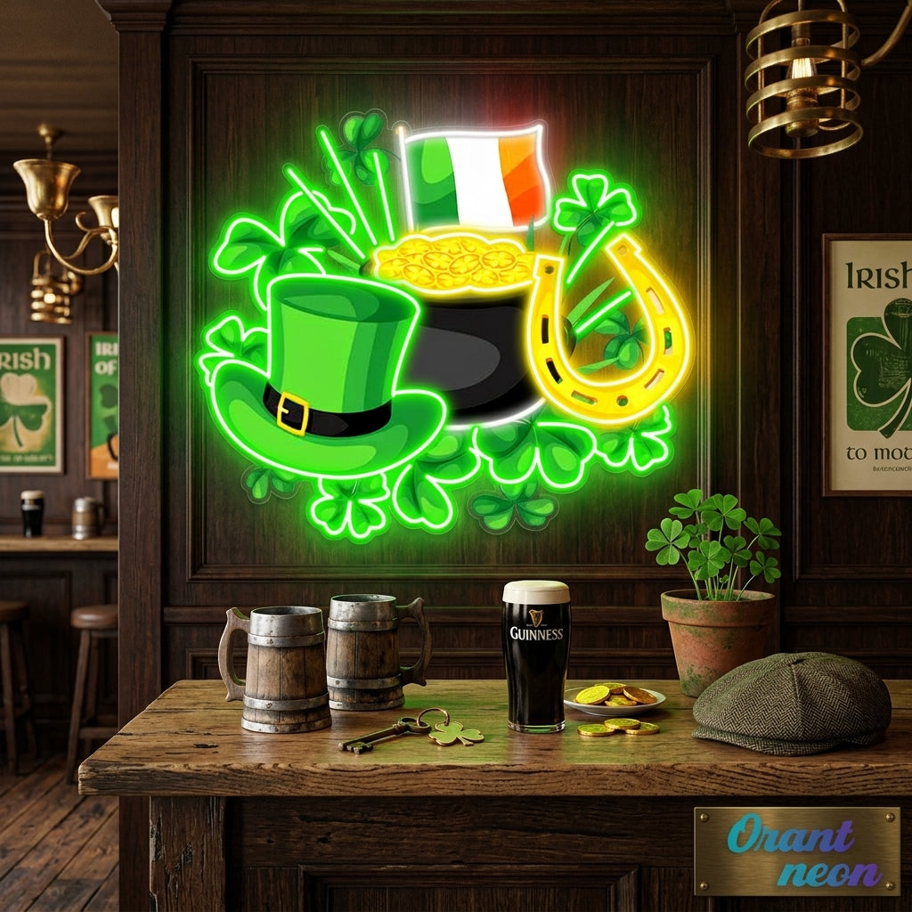 Patrick's Day With Hat Flag And Money Led Neon Acrylic Artwork
