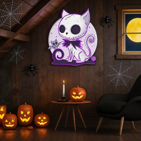 🎃 Spooky Cat & Bat Halloween LED Neon Sign – Glowing Purple Wall Light for Halloween Decor