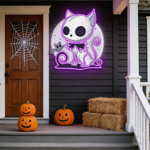 🎃 Spooky Cat & Bat Halloween LED Neon Sign – Glowing Purple Wall Light for Halloween Decor