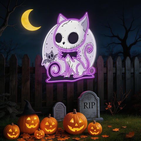 🎃 Spooky Cat & Bat Halloween LED Neon Sign – Glowing Purple Wall Light for Halloween Decor