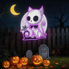 🎃 Spooky Cat & Bat Halloween LED Neon Sign – Glowing Purple Wall Light for Halloween Decor