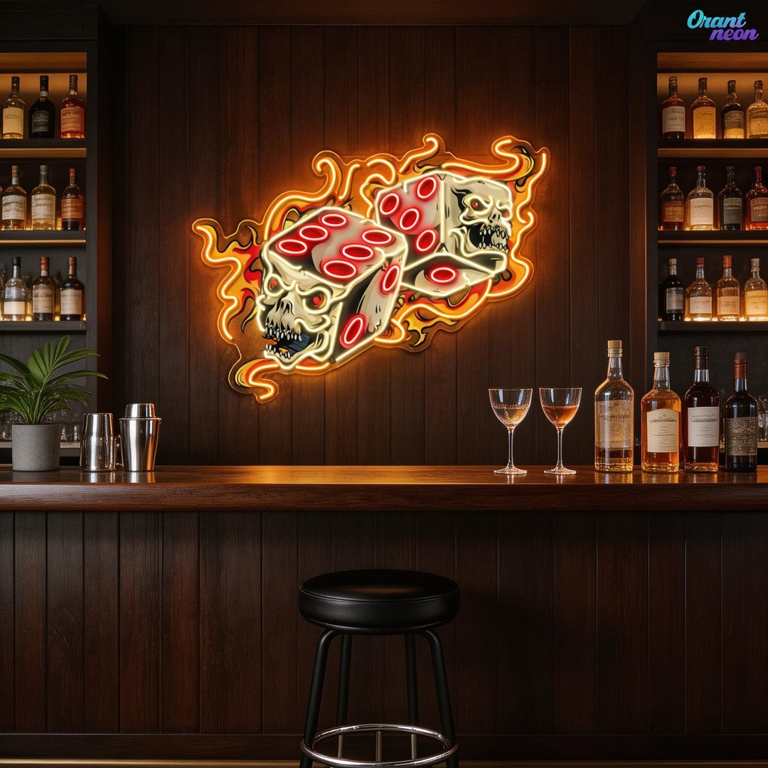 Deadly Dices: Skull On Fire Neon Sign Light Artwork