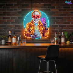 Drunken Skull Holding Beer Cup Neon Sign Light Artwork