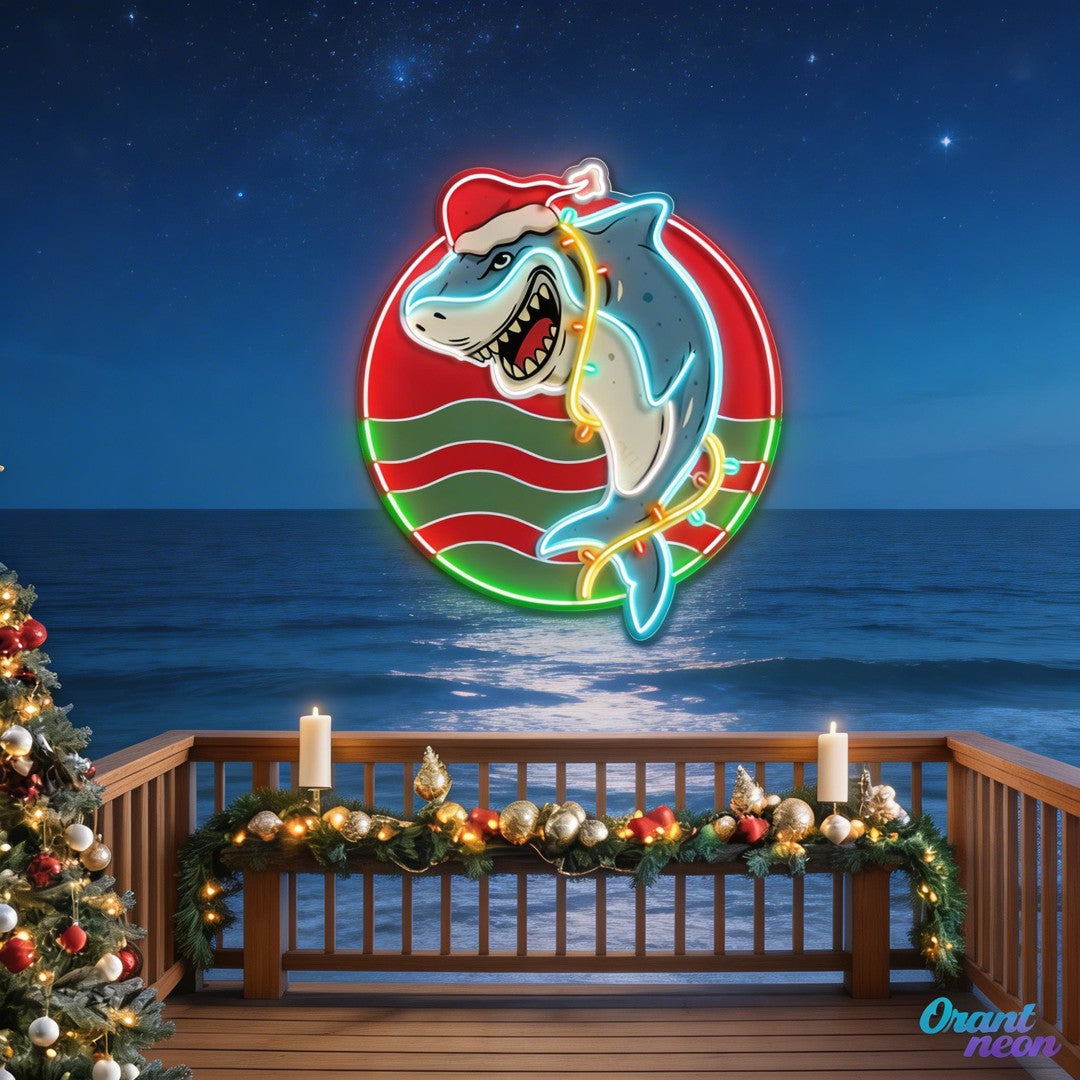 Festive Neon Sign Lights with a Shark Bite Artwork