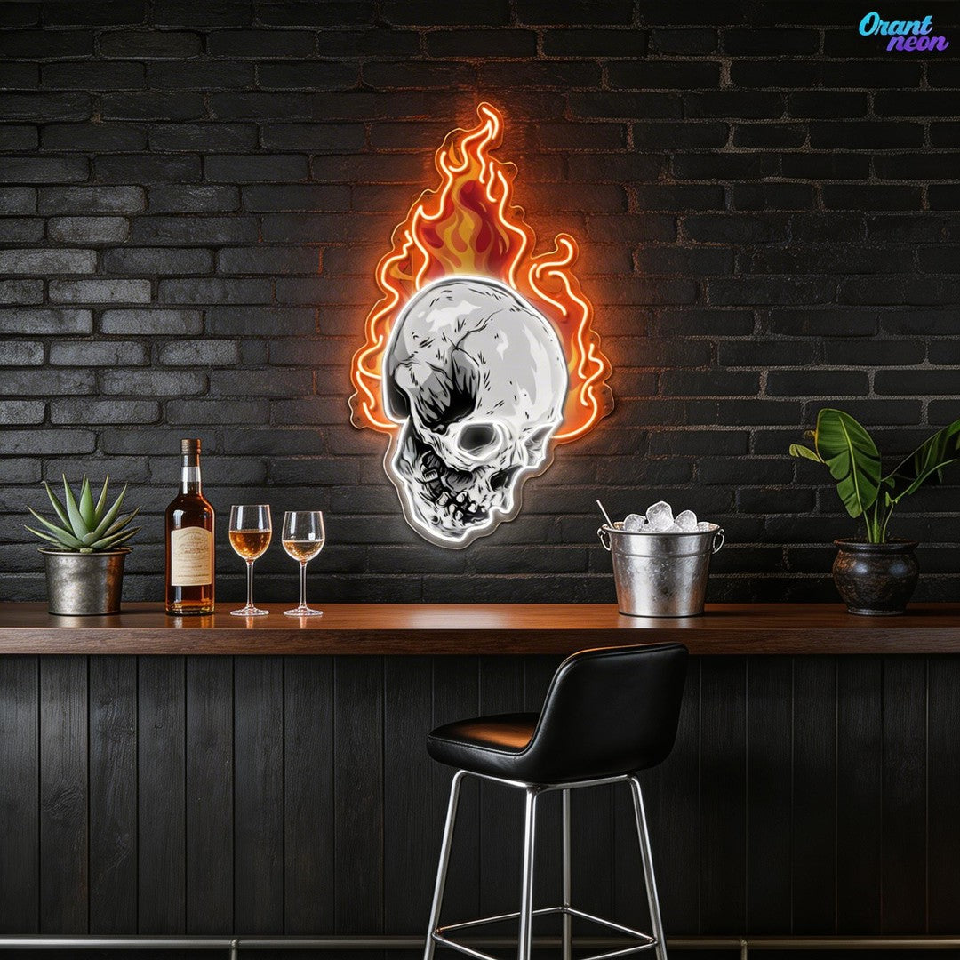 Infernal Glow: Skull & Fire Neon Sign Light Artwork