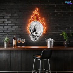 Infernal Glow: Skull & Fire Neon Sign Light Artwork