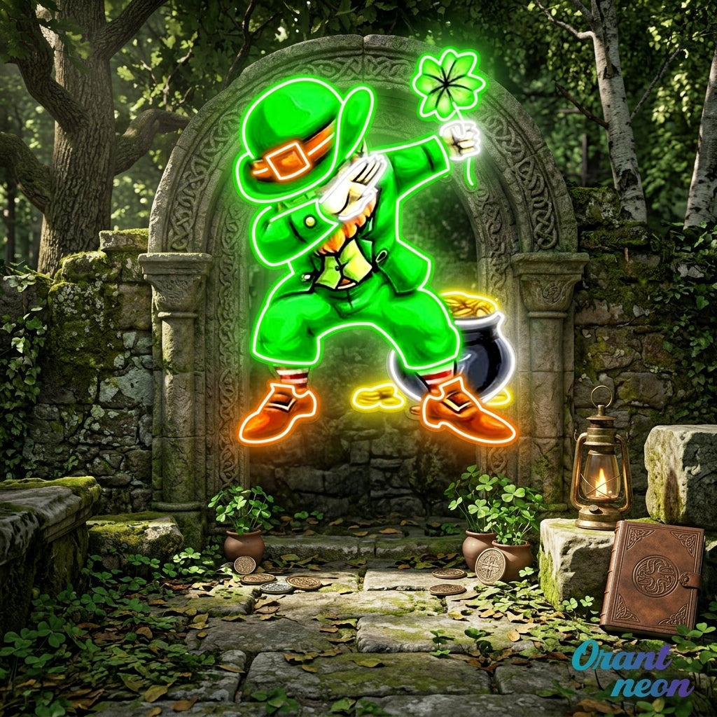 Patrick's Day Goblin Do A Dab and Hold A Four Leaf Clover Led Neon Acrylic Artwork