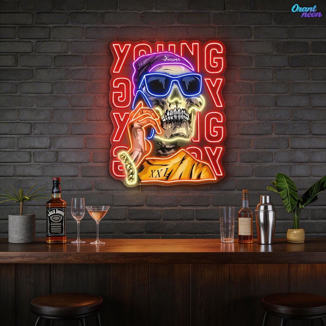 Young Skull Calling Phone Neon Sign Light Artwork