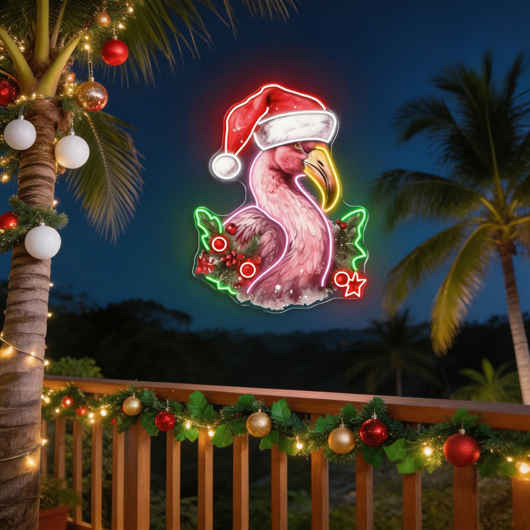 Santa's Tropical Helpers: Flamingos in Hats Neon Light Artwork
