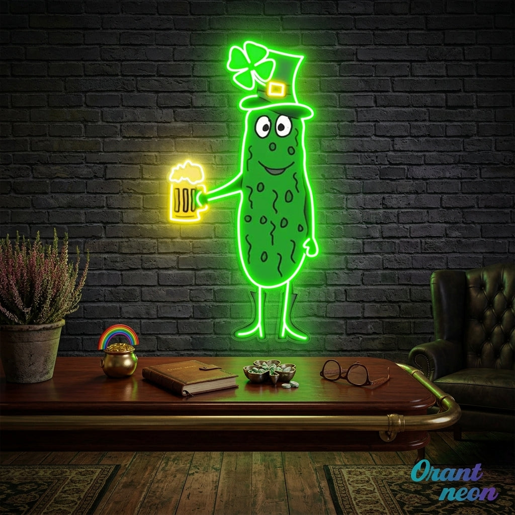 Patrick's Day Cucumber Wearing Hat and Drinking Beer Led Neon Acrylic Artwork