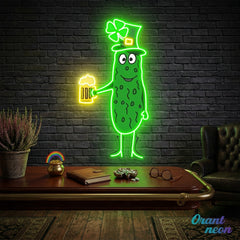 Patrick's Day Cucumber Wearing Hat and Drinking Beer Led Neon Acrylic Artwork