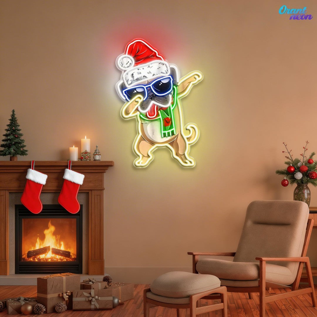 Christmas Pug in Neon Light: A Dapt Delight Neon Sign Light Artwork