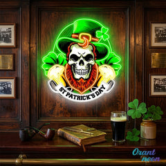 Patrick's Day Skull Wearing Hat And Beer Led Neon Acrylic Artwork