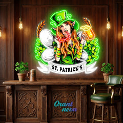 Patrick's Day Hot Woman Wearing Glass And Drinking Beer Led Neon Acrylic Artwork