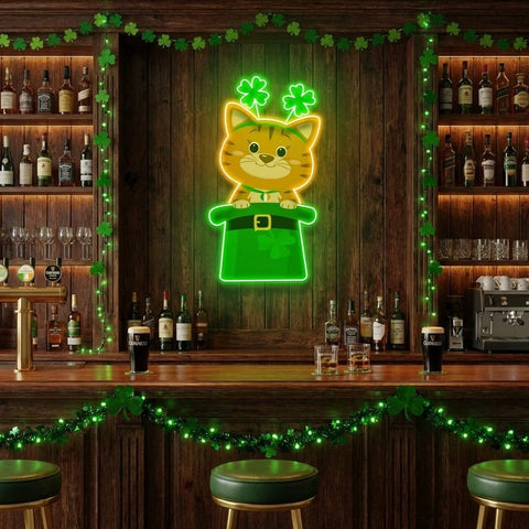 Cat Lucky Saint Patrick's Day Artwork Led Neon Sign Light