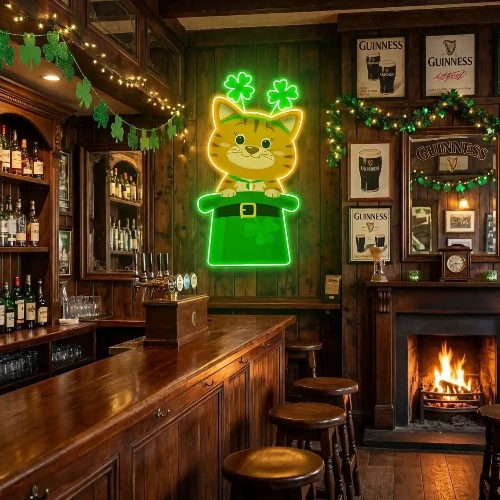 Cat Lucky Saint Patrick's Day Artwork Led Neon Sign Light