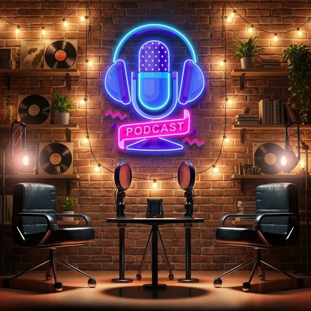 Custom Podcast LED Neon Sign artwork with Microphone and Headphones