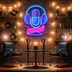 Custom Podcast LED Neon Sign artwork with Microphone and Headphones