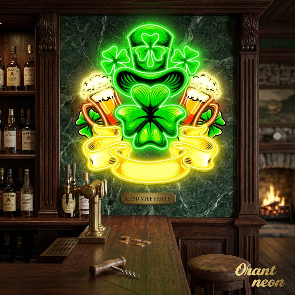 Patrick's Day Hat, Beer And Lucky Leaf Clover Led Neon Acrylic Artwork