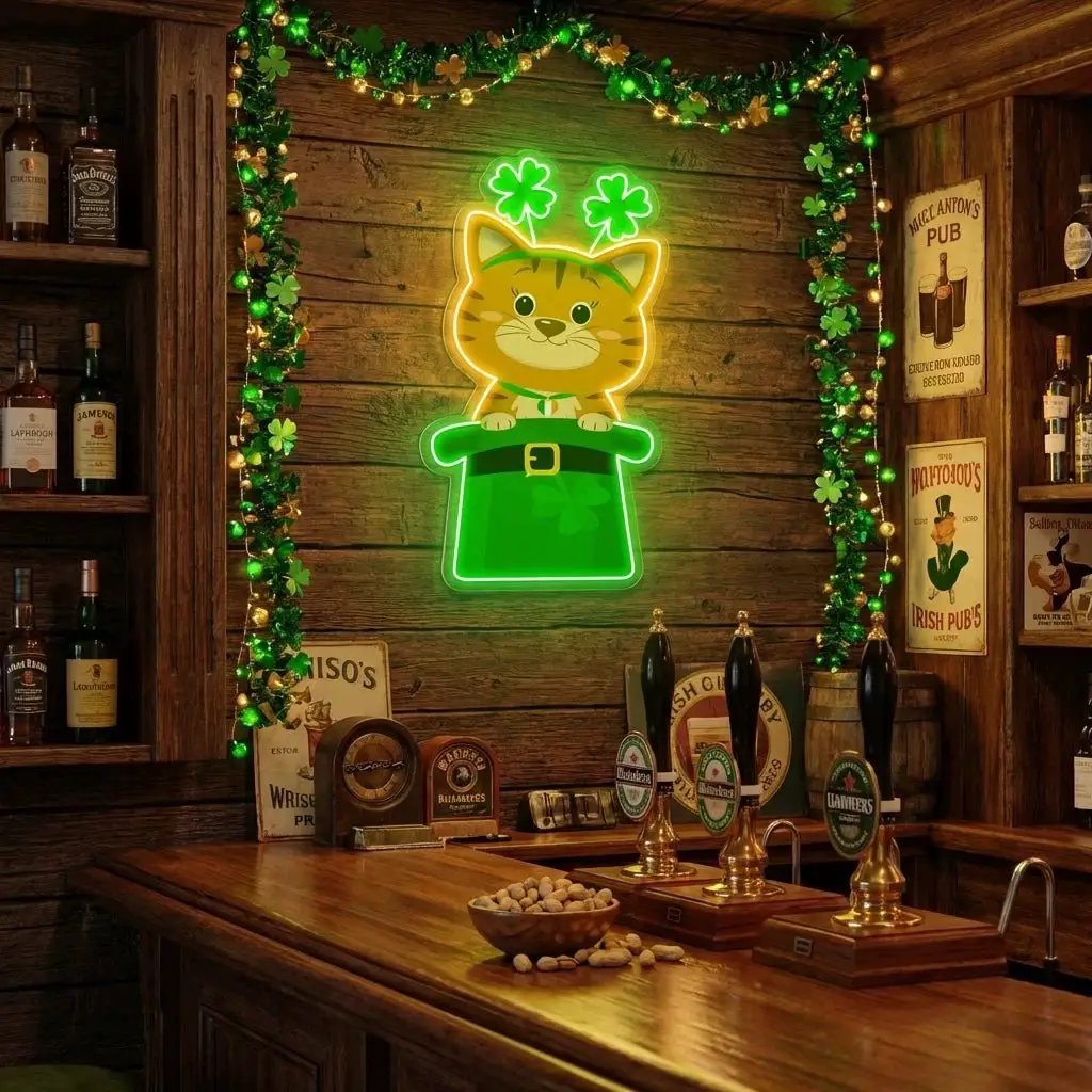 Cat Lucky Saint Patrick's Day Artwork Led Neon Sign Light