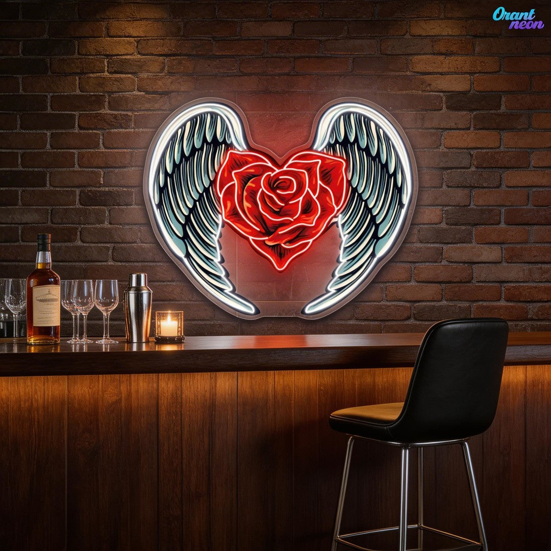 Winged Roses, Heartfelt Love Best Gift for Valentine Neon Sign Artwork