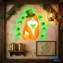 Patrick's Day Cute Cat with Lucky Four Leaf Clover Led Neon Acrylic Artwork