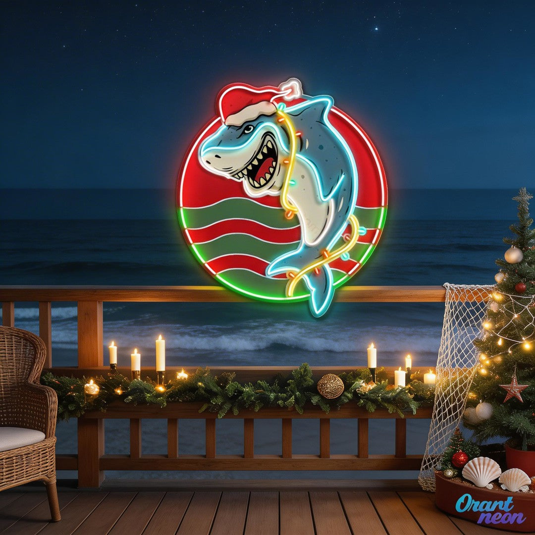 Festive Neon Sign Lights with a Shark Bite Artwork