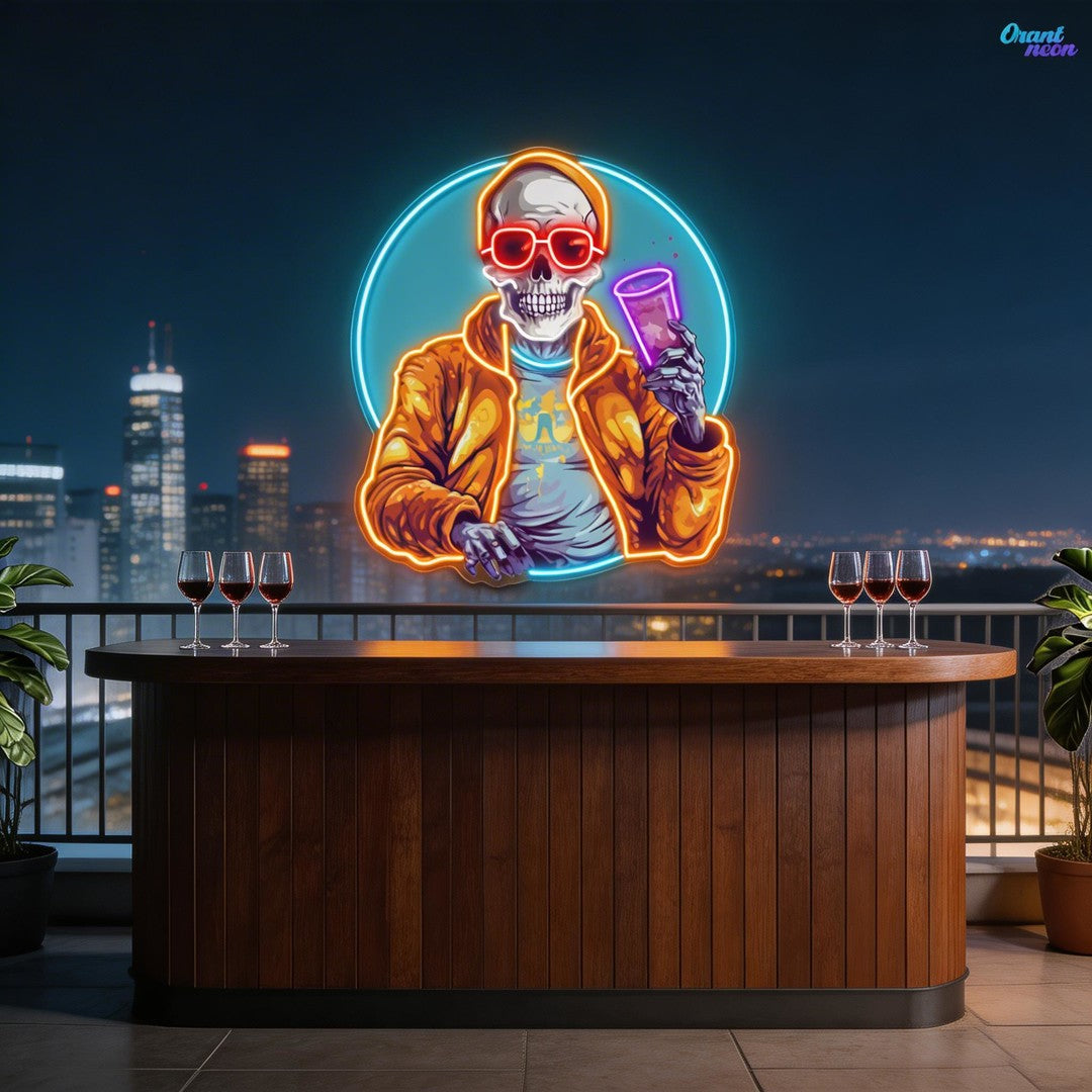 Drunken Skull Holding Beer Cup Neon Sign Light Artwork