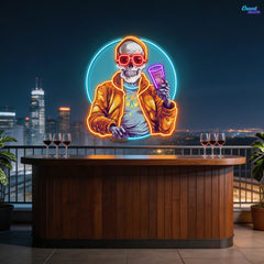 Drunken Skull Holding Beer Cup Neon Sign Light Artwork