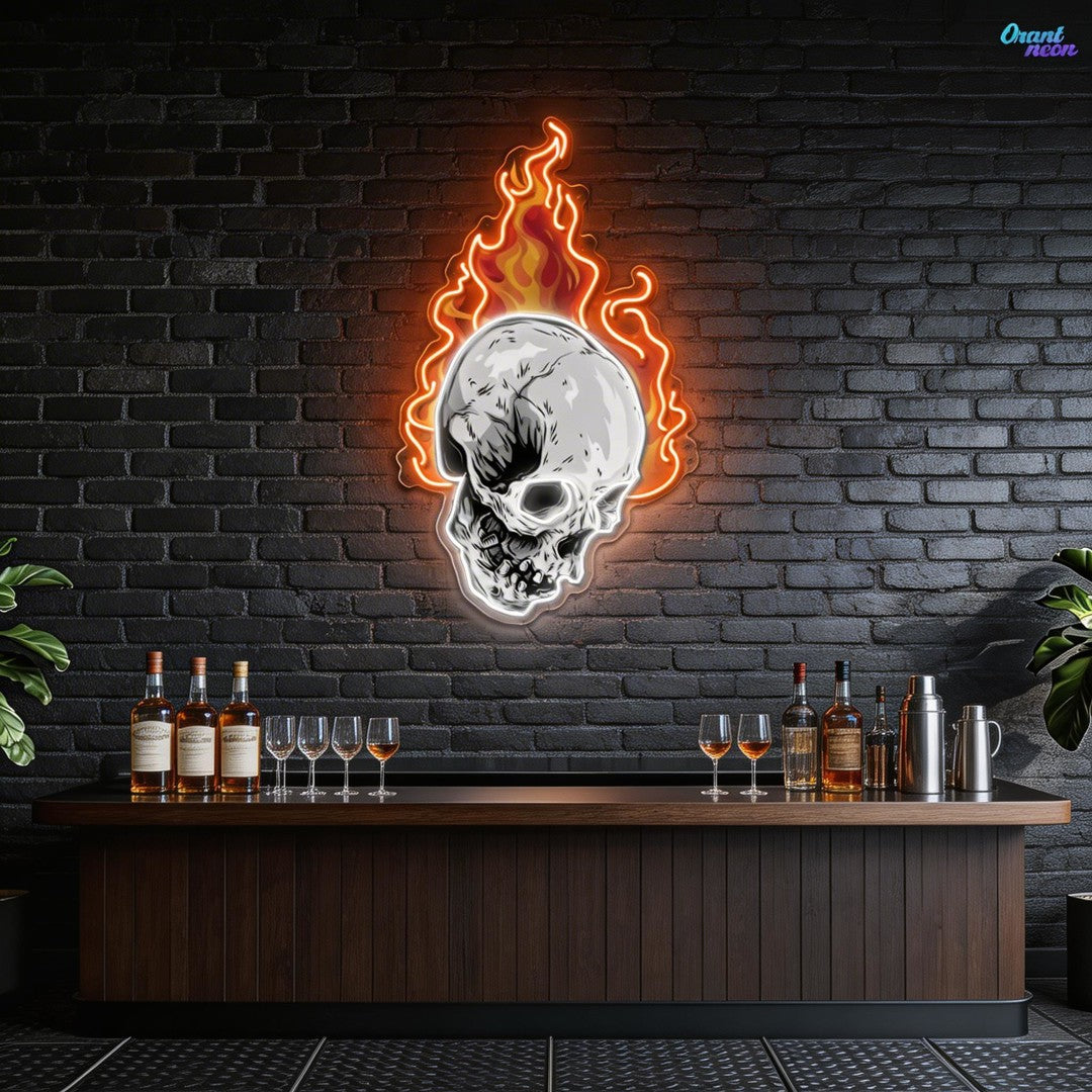 Infernal Glow: Skull & Fire Neon Sign Light Artwork