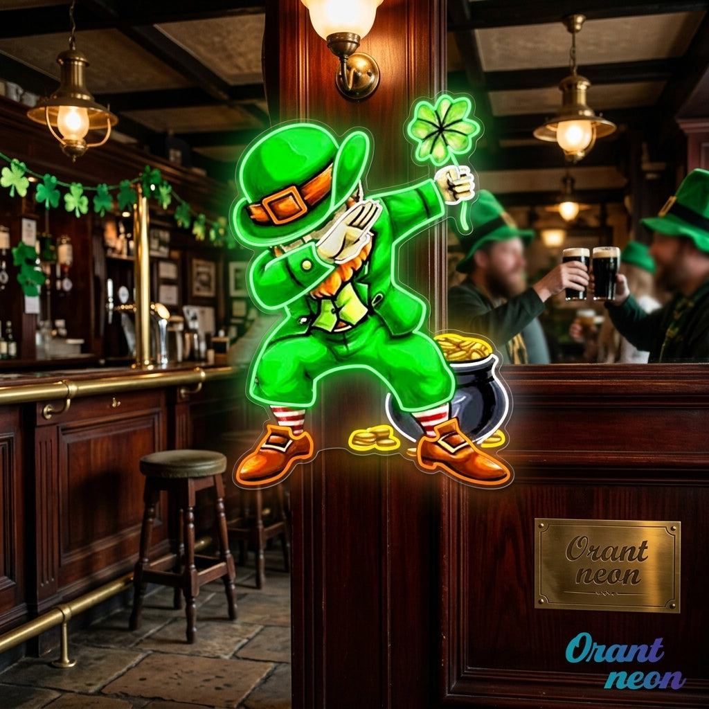 Patrick's Day Goblin Do A Dab and Hold A Four Leaf Clover Led Neon Acrylic Artwork