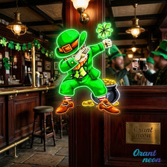 Patrick's Day Goblin Do A Dab and Hold A Four Leaf Clover Led Neon Acrylic Artwork