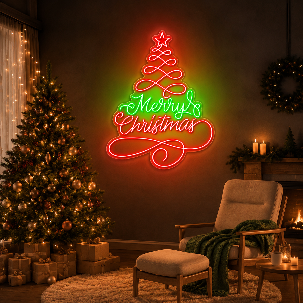 Santa's Glow: A Textual Christmas Tree Neon Sign Light Artwork