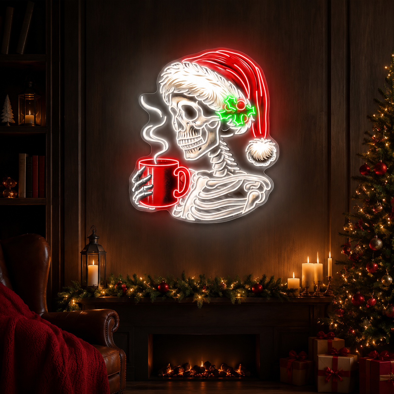 Skull & Sip: Christmas Chill Neon Sign Light Artwork