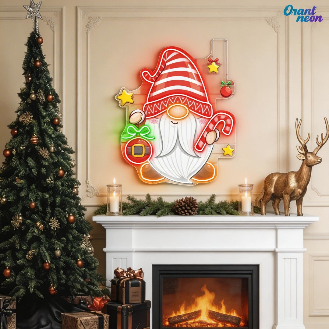 Christmas Dwarf with Bauble and Candy Neon Sign Light Artwork