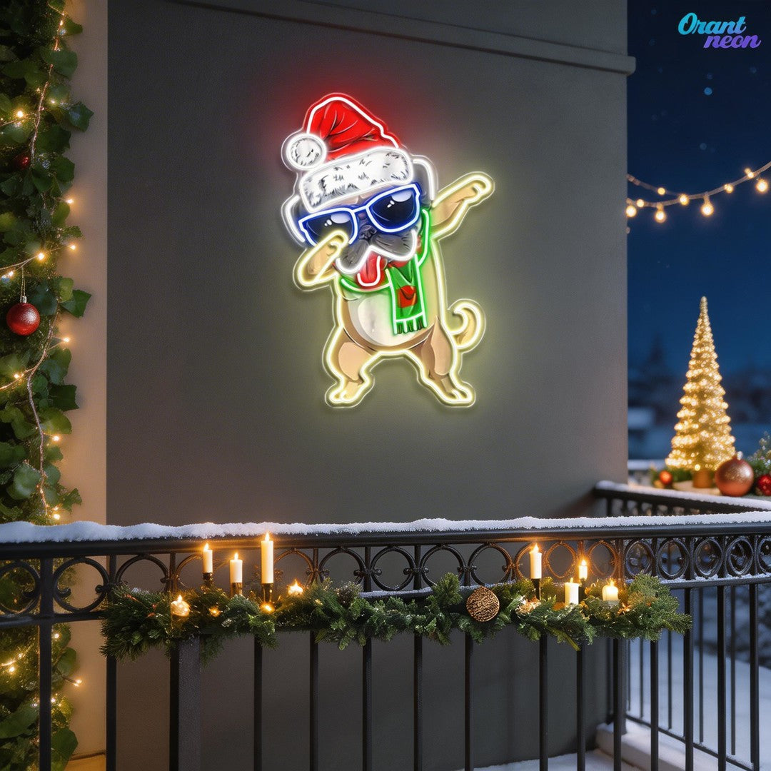 Christmas Pug in Neon Light: A Dapt Delight Neon Sign Light Artwork