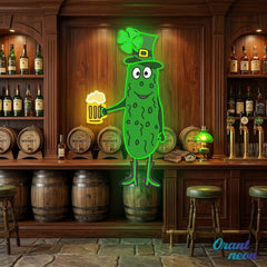 Patrick's Day Cucumber Wearing Hat and Drinking Beer Led Neon Acrylic Artwork